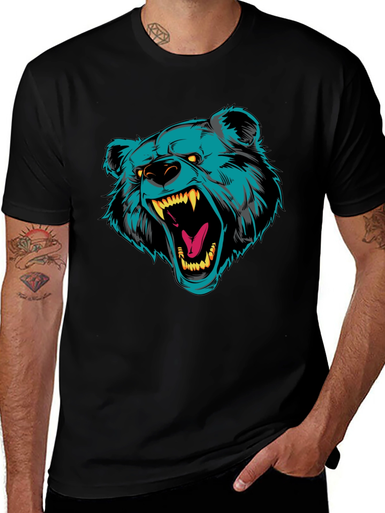 Black T-Shirt with Roaring Bear Graphic