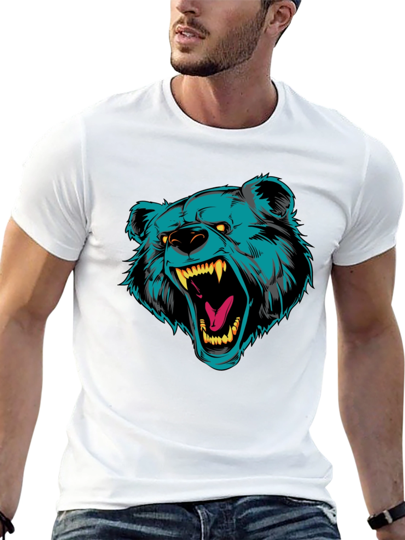 Black T-Shirt with Roaring Bear Graphic