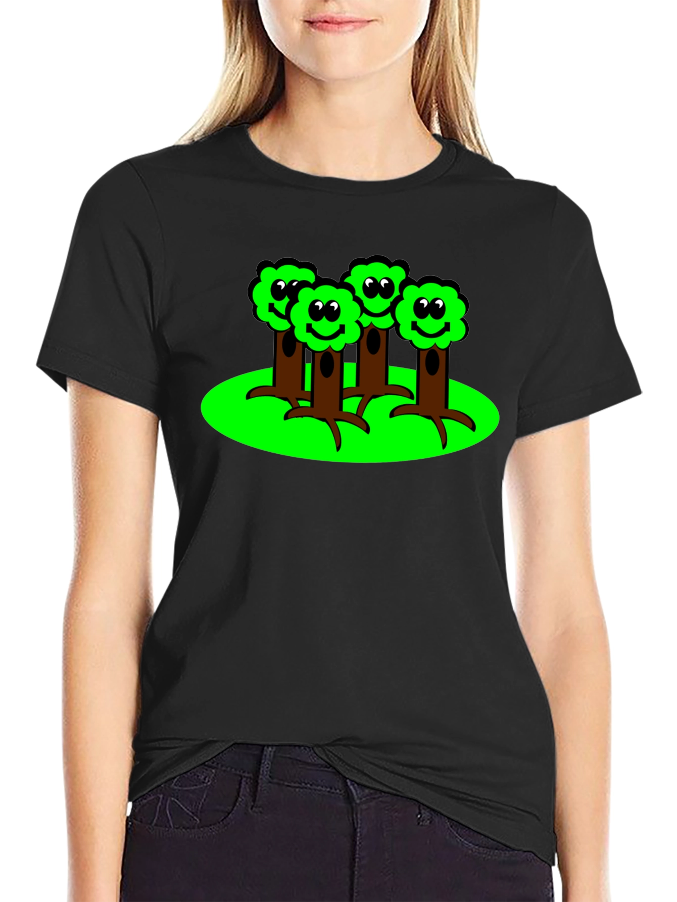 Cartoon Tree Graphic T-Shirt - Black