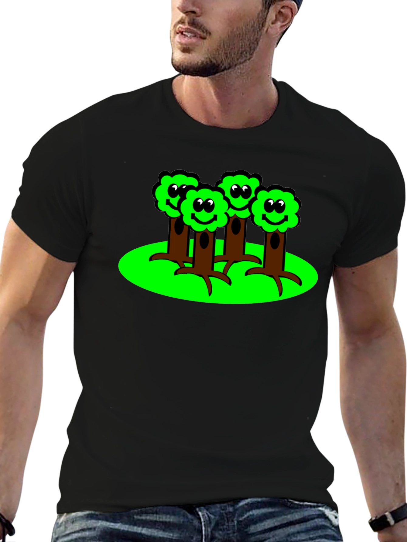 Cartoon Tree Graphic T-Shirt - Black