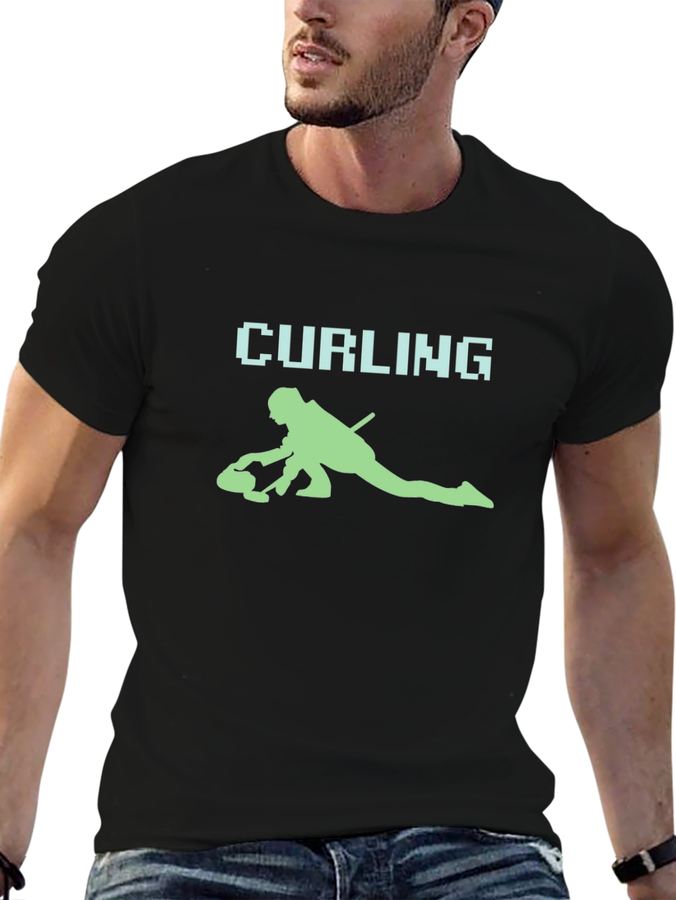 Curling Player Graphic Tee - Sporty Black T-Shirt