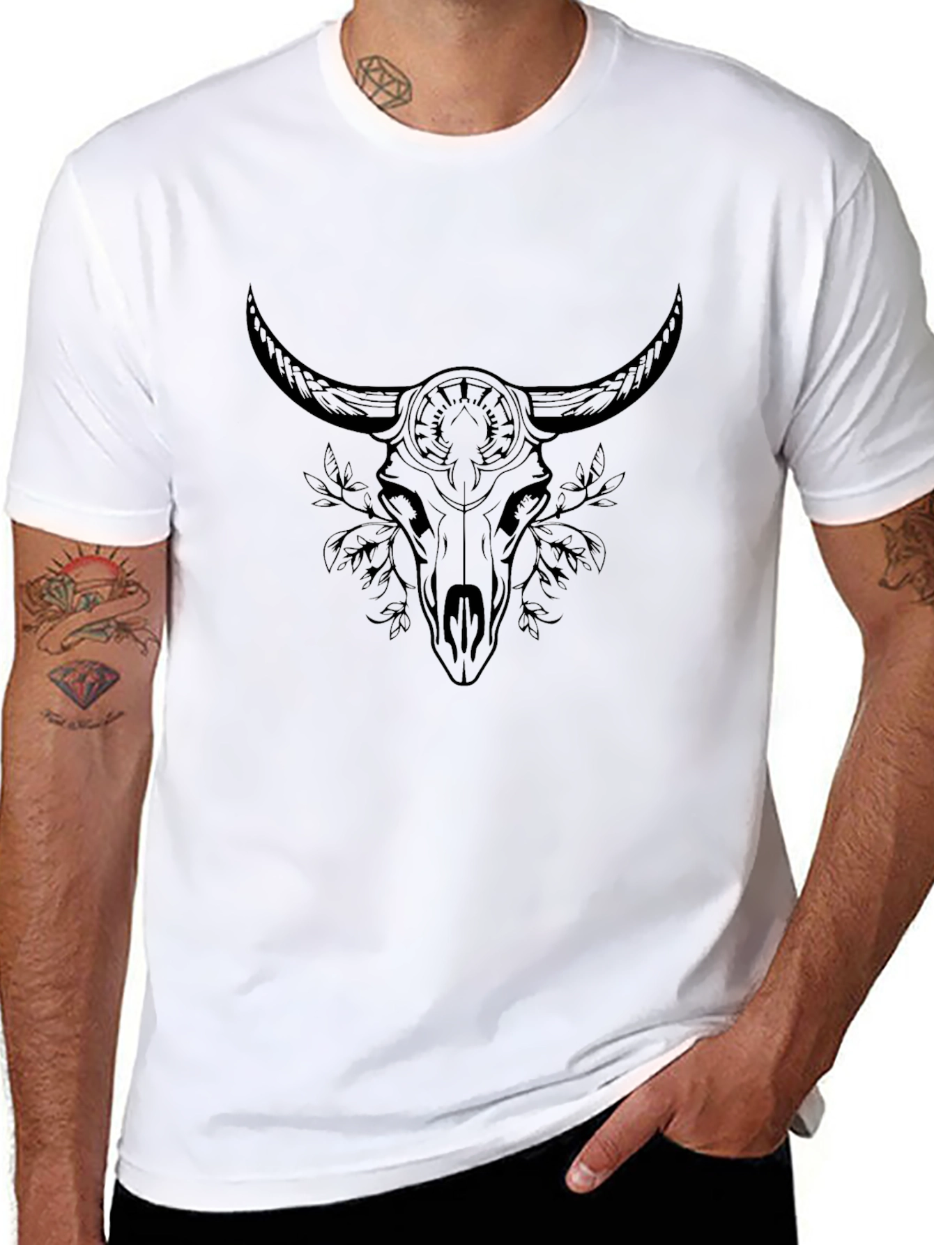 Black Graphic Tee - Bull Skull Design