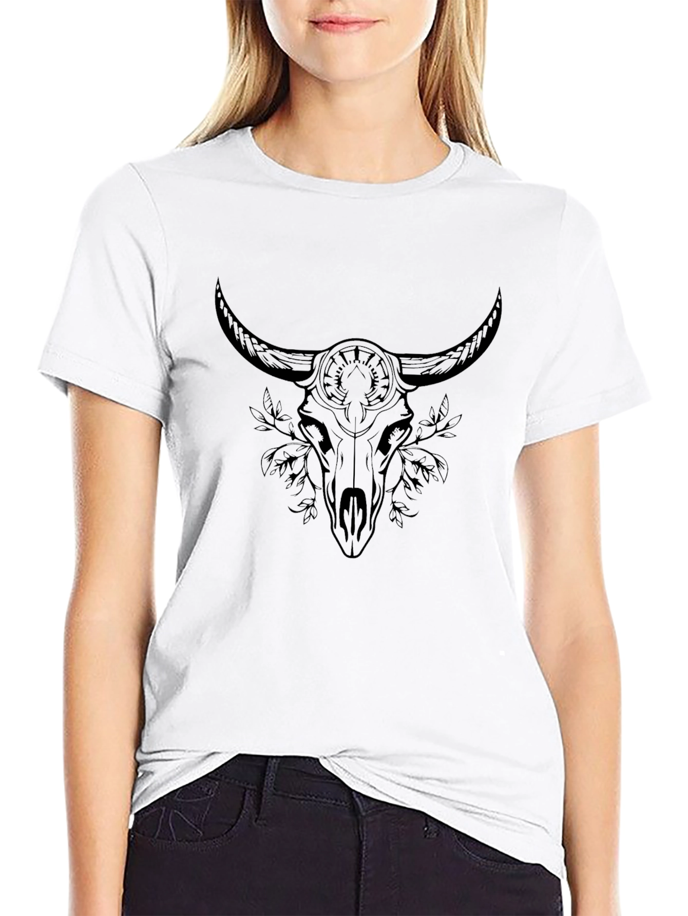 Black Graphic Tee - Bull Skull Design