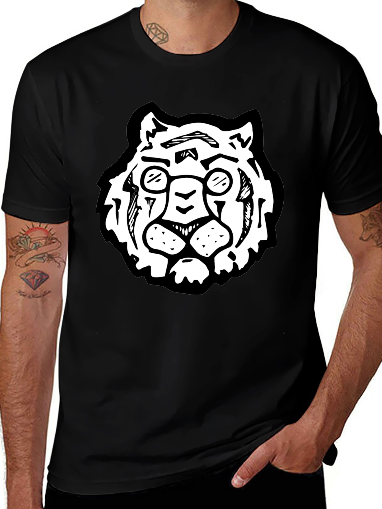 Cool Black Tee Shirt - Tiger with Glasses