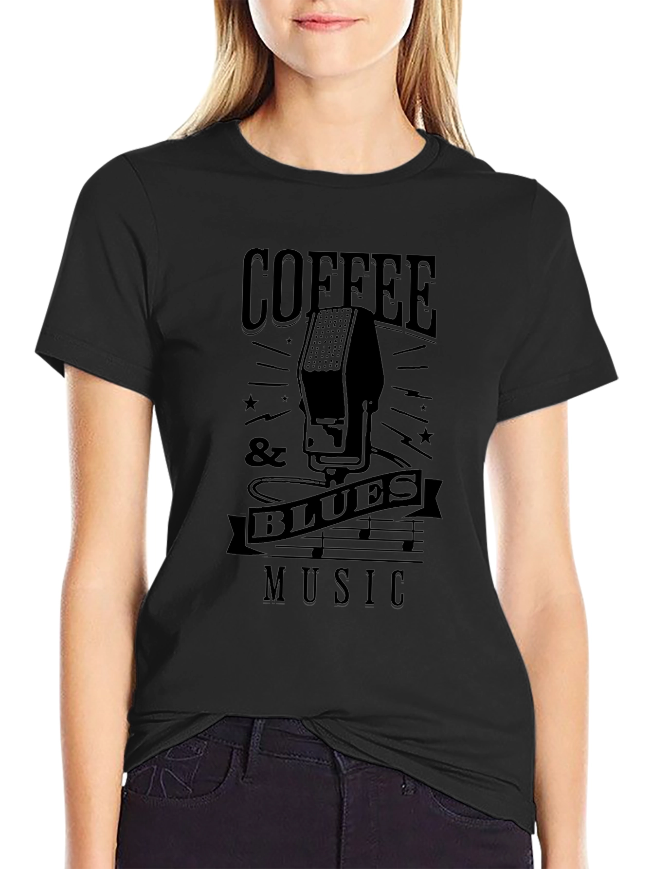 Coffee & Blues Music Graphic Black T-Shirt