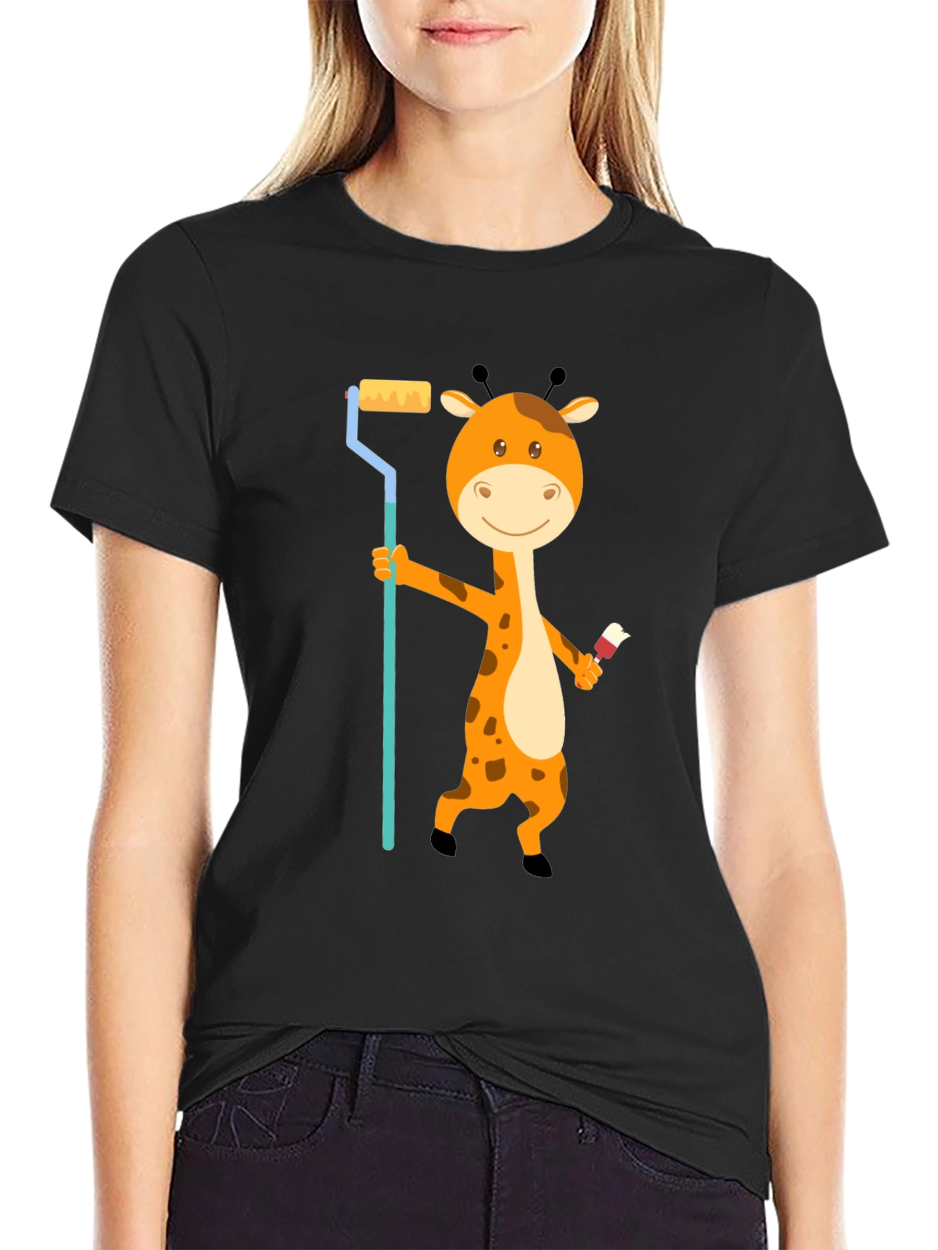 Giraffe Painter T-Shirt - Cute Cartoon Animal Design
