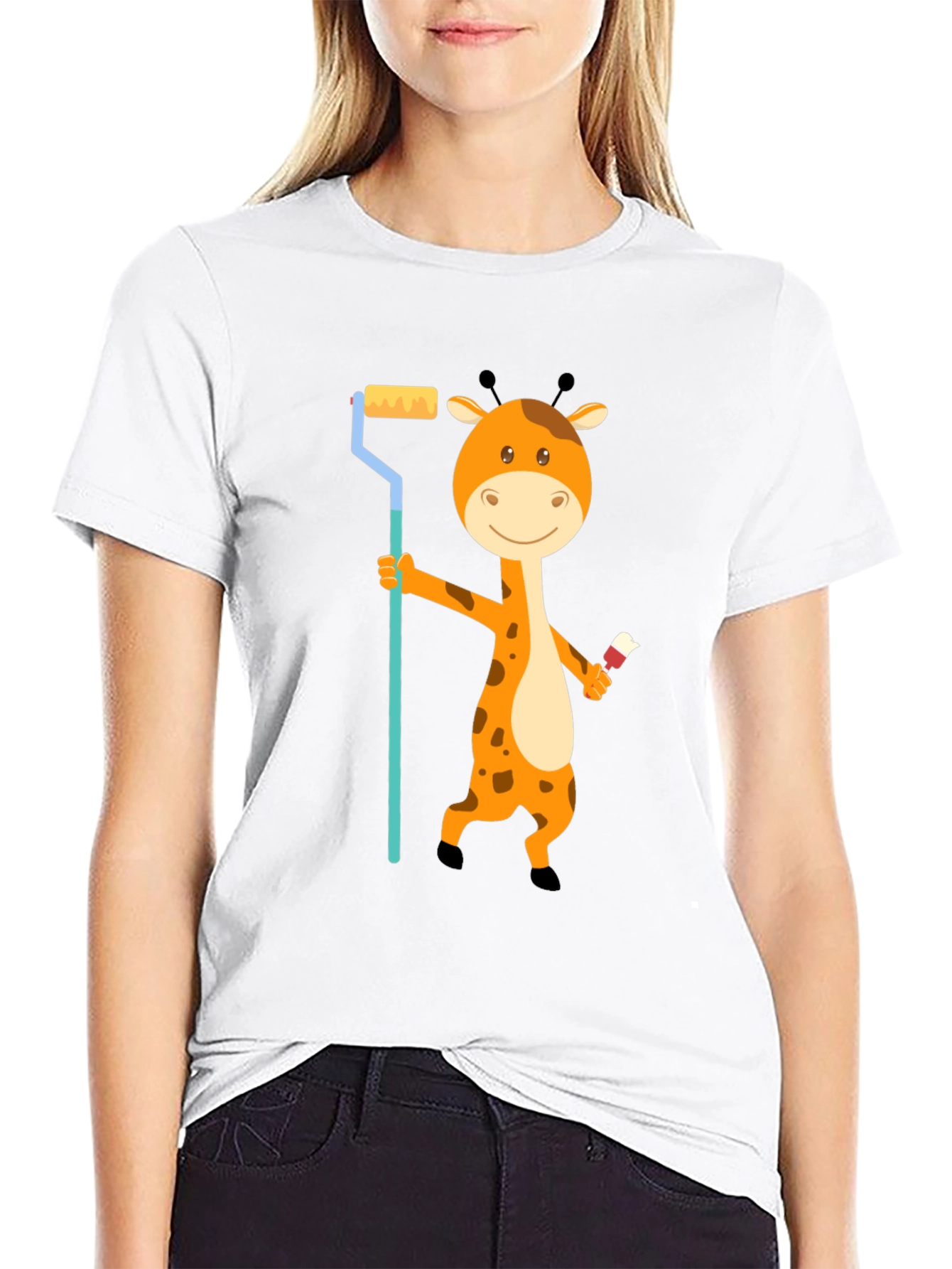 Giraffe Painter T-Shirt - Cute Cartoon Animal Design