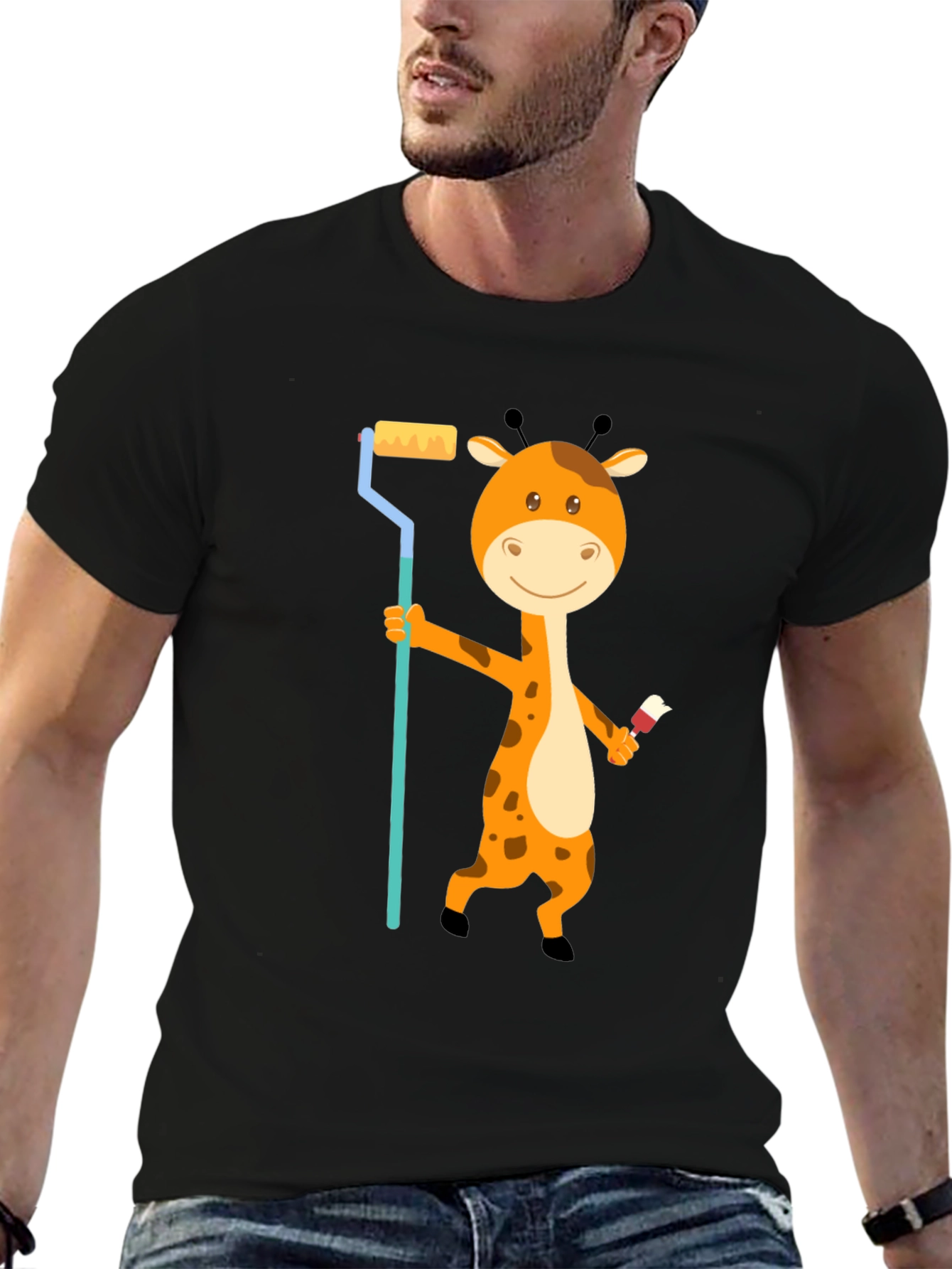 Giraffe Painter T-Shirt - Cute Cartoon Animal Design