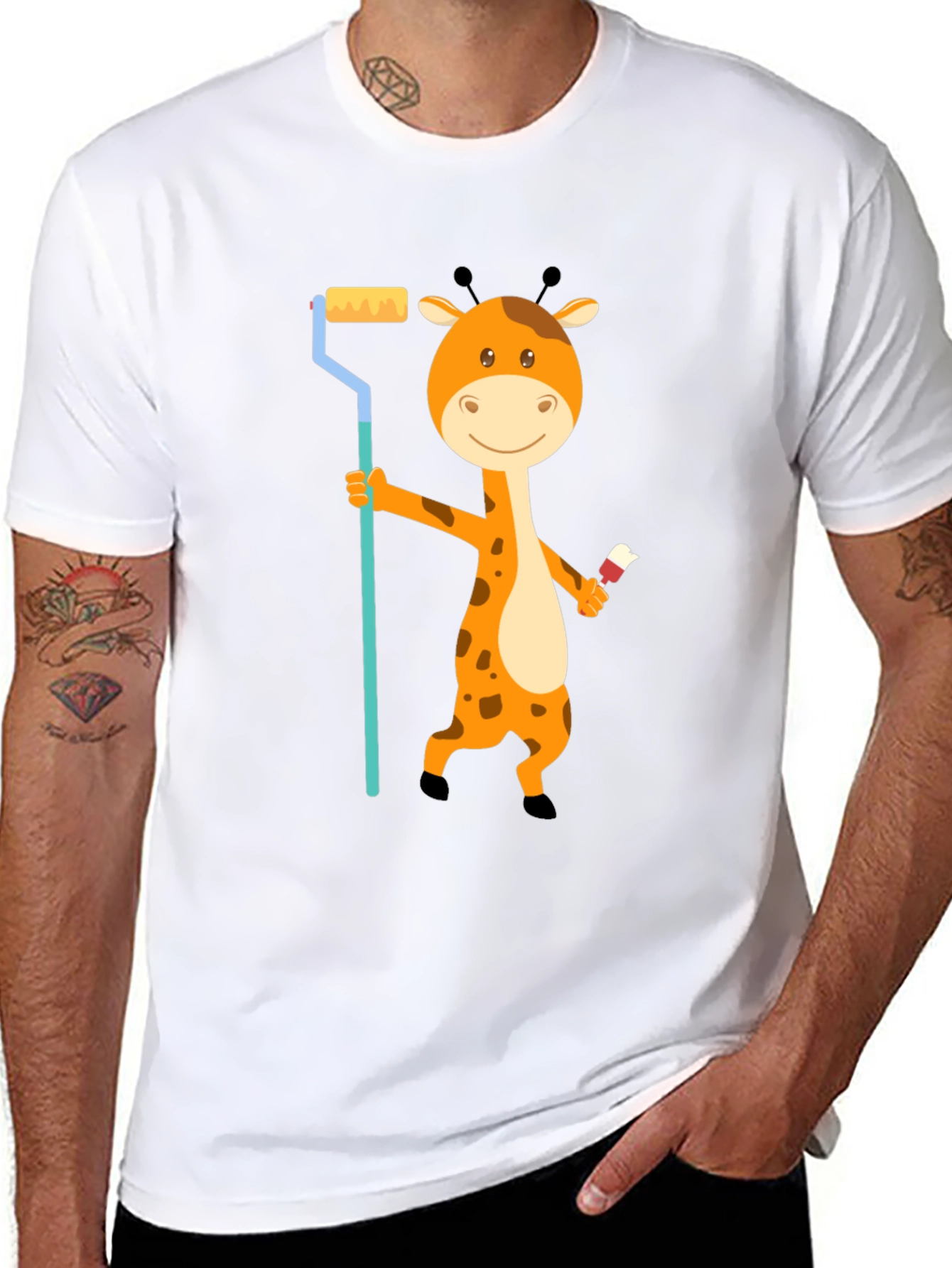 Giraffe Painter T-Shirt - Cute Cartoon Animal Design