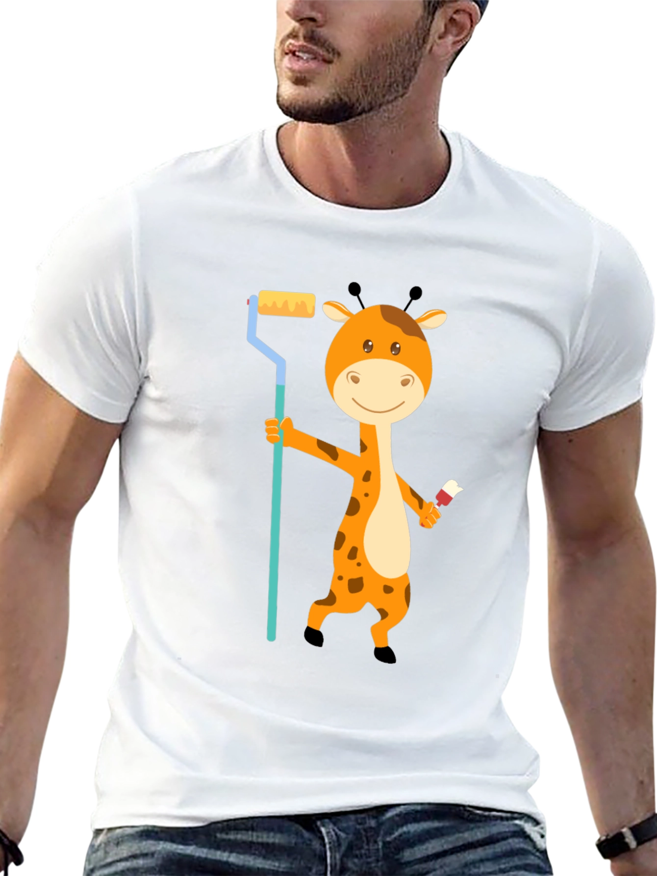 Giraffe Painter T-Shirt - Cute Cartoon Animal Design