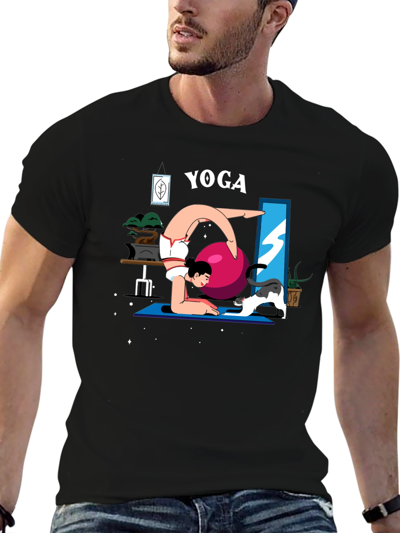 Yoga Cat T-Shirt - Black Cotton Tee