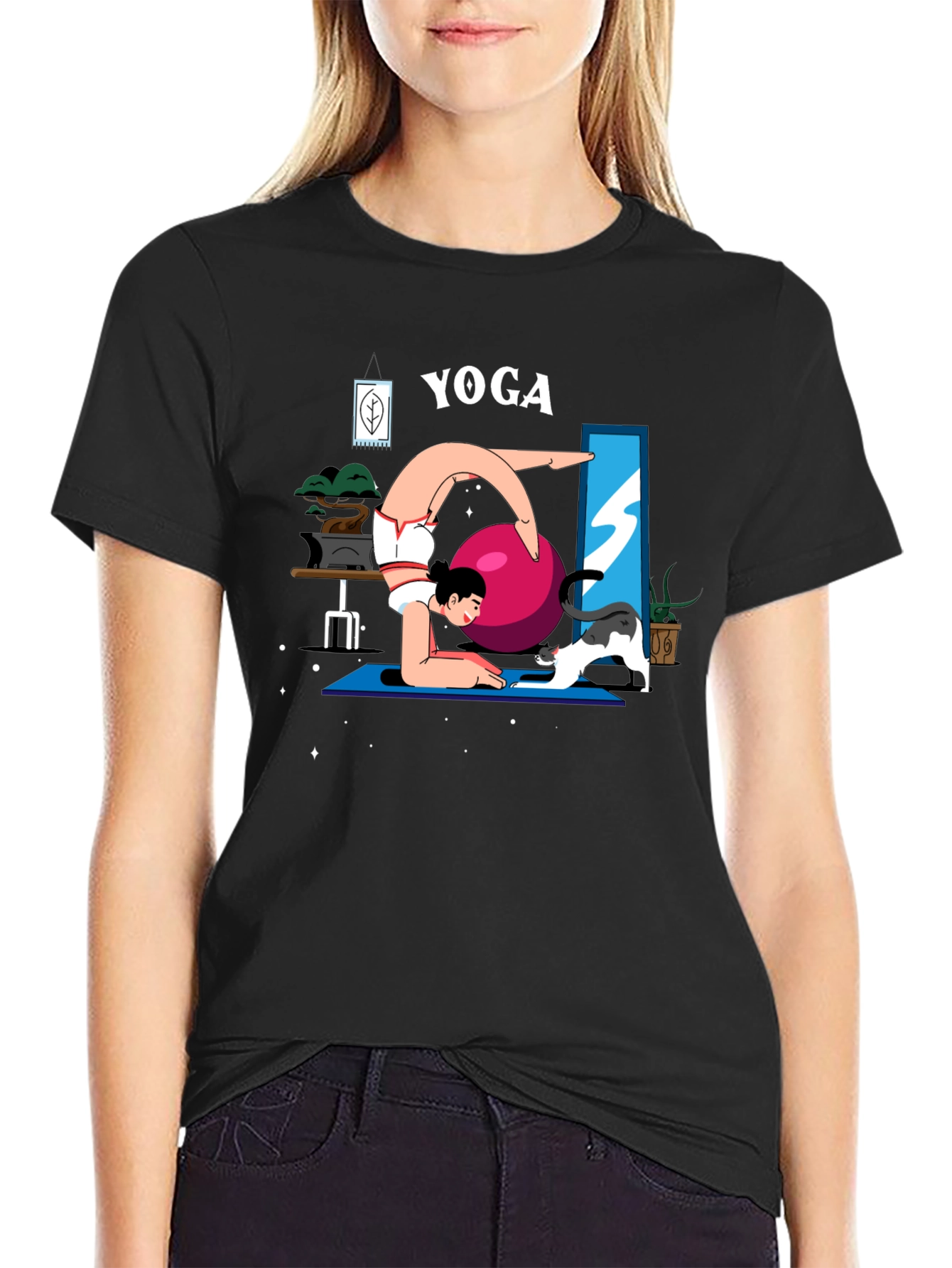 Yoga Cat T-Shirt - Black Cotton Tee
