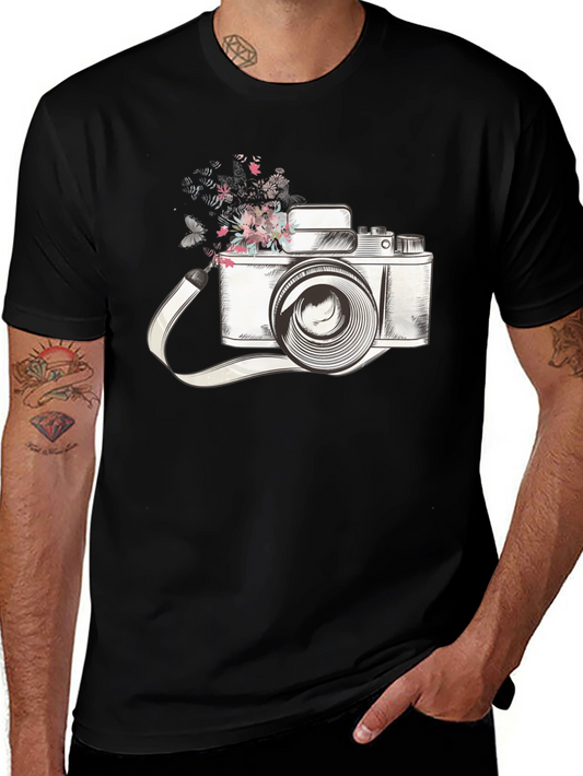 Vintage Camera Floral Black T-Shirt