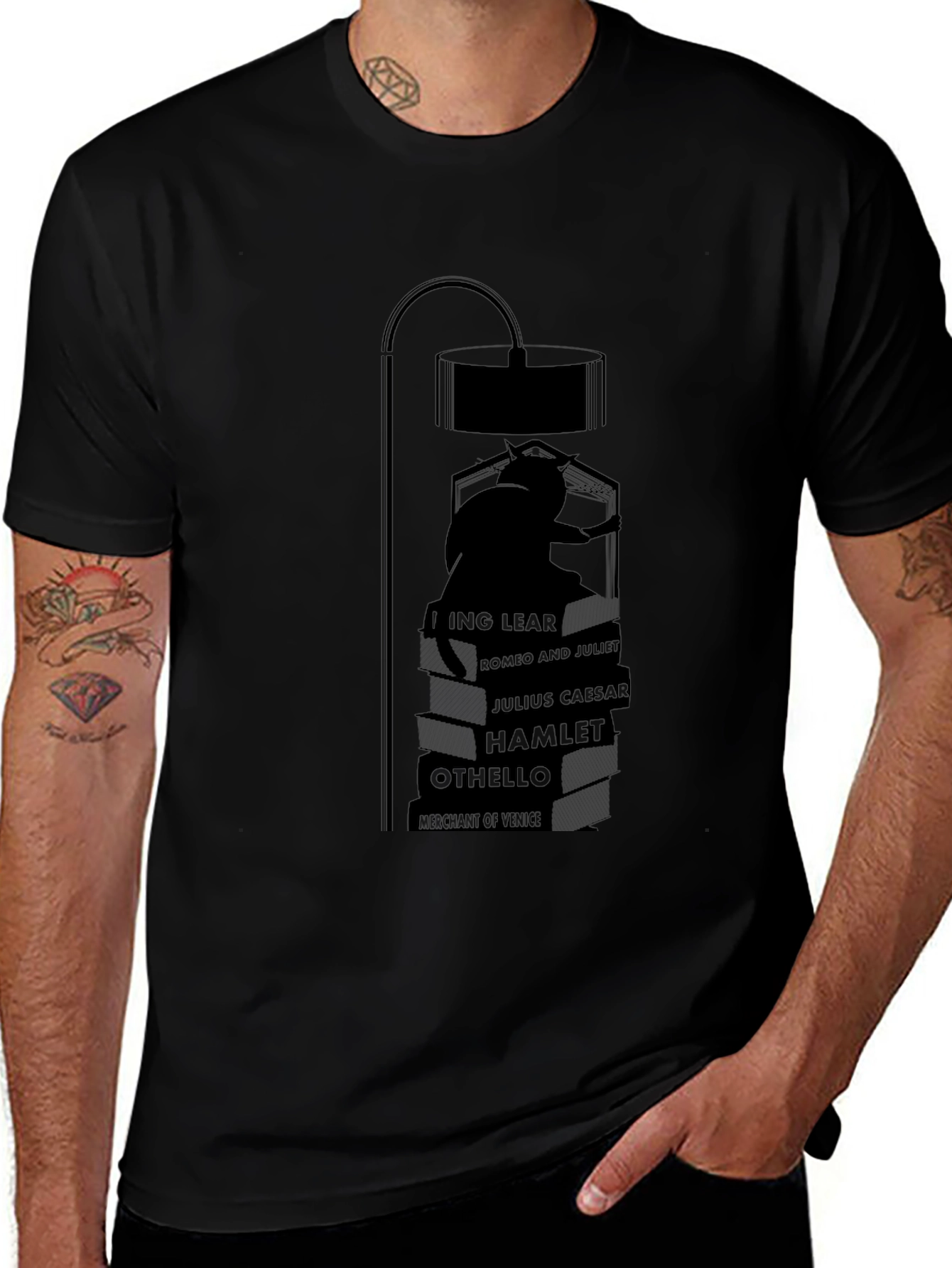 Literary Cat Lamp Black T-Shirt