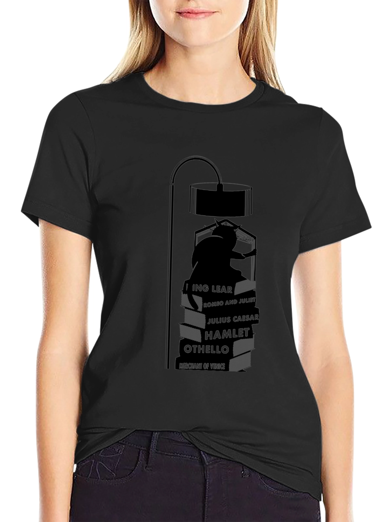 Literary Cat Lamp Black T-Shirt