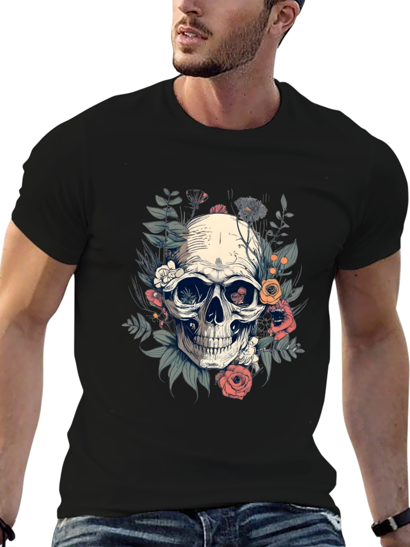 Skull Floral T-Shirt - Black