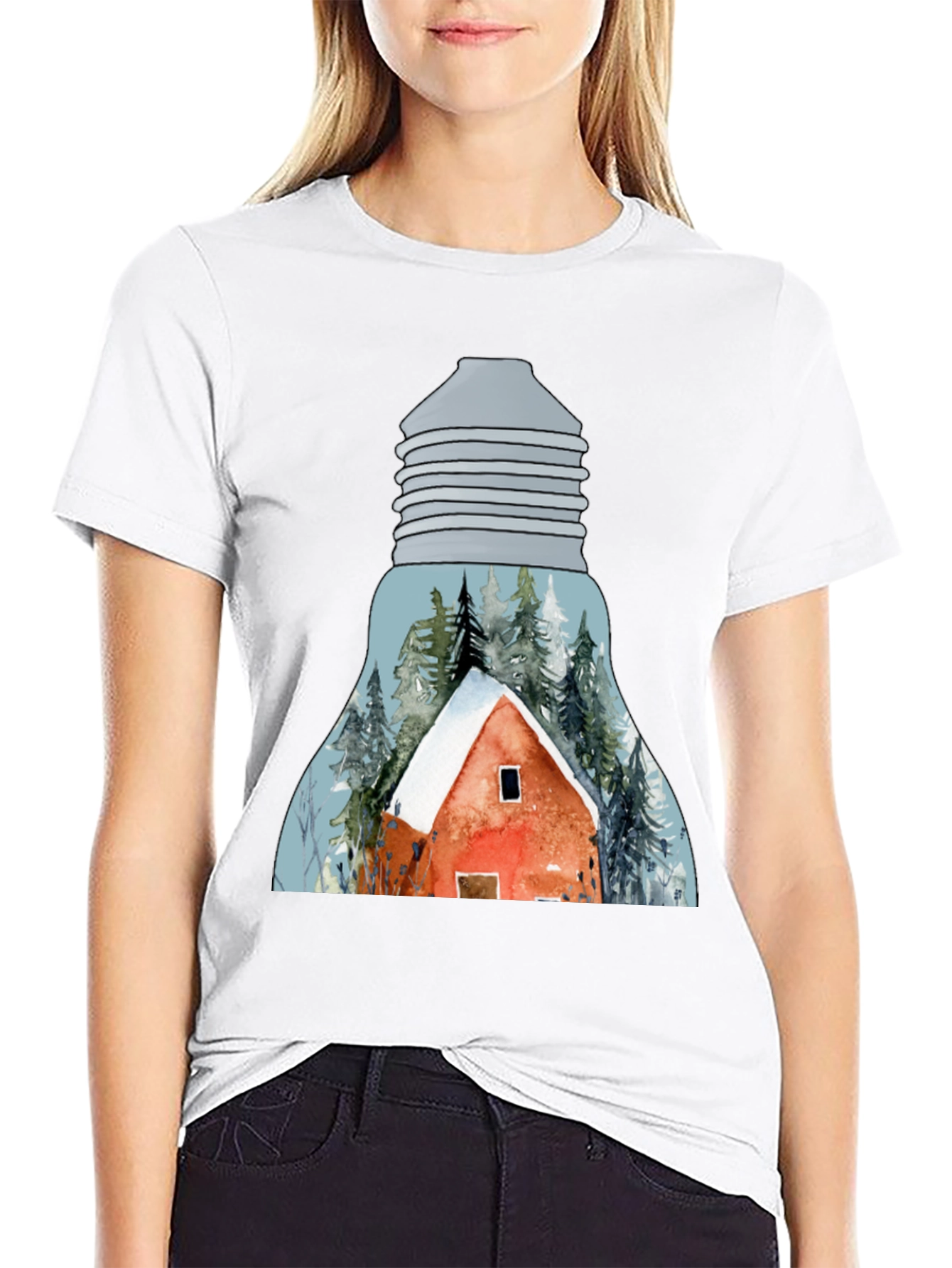 Winter Cabin in Lightbulb T-Shirt