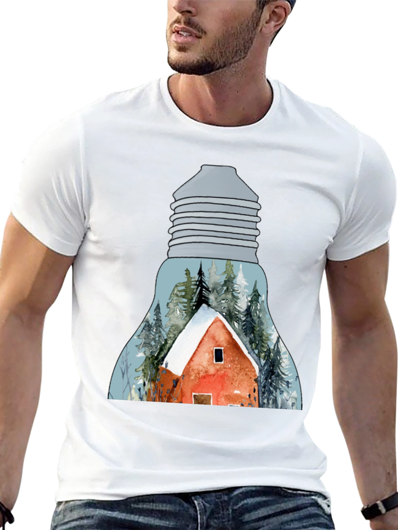 Winter Cabin in Lightbulb T-Shirt