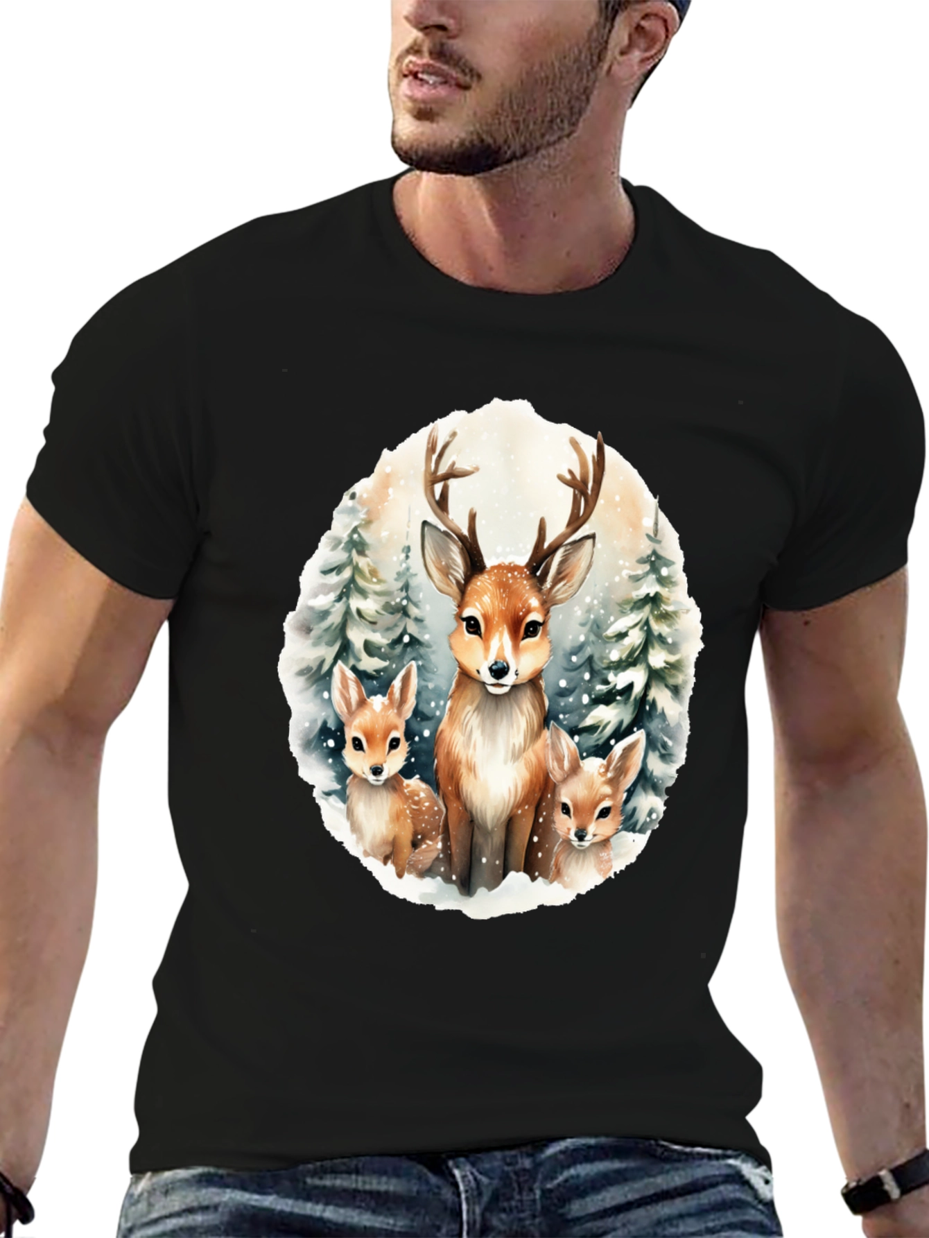 Deer Family Graphic Tee - Winter Forest Design