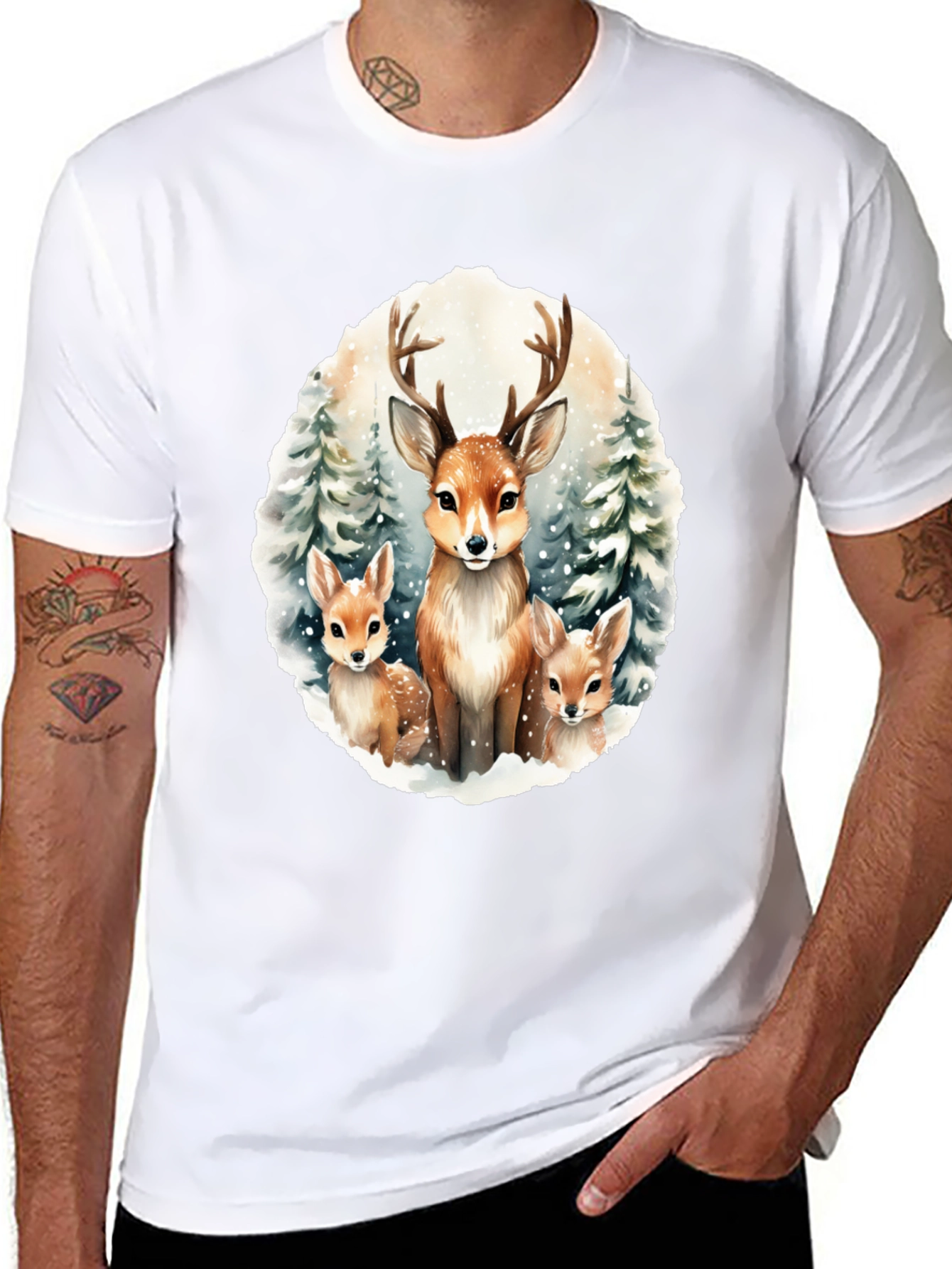 Deer Family Graphic Tee - Winter Forest Design
