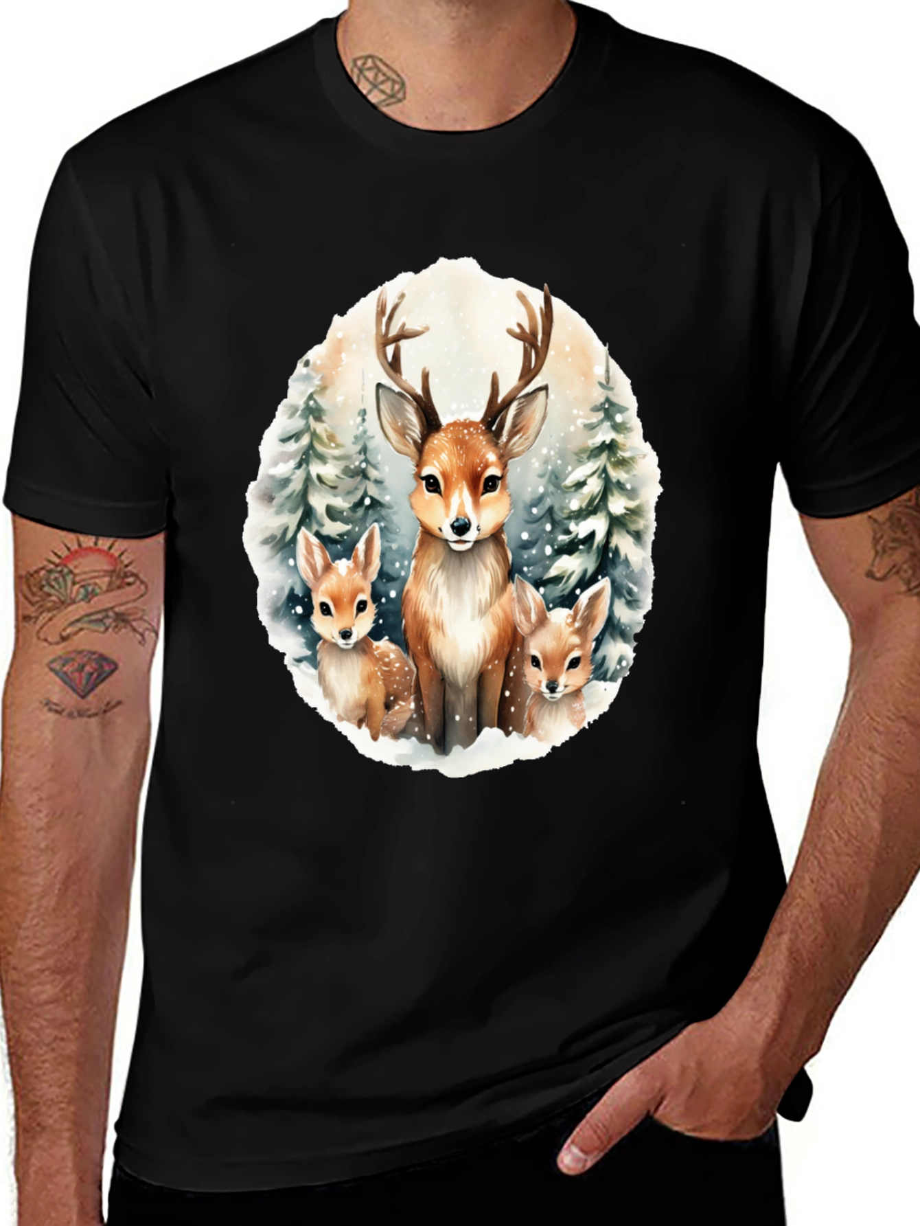 Deer Family Graphic Tee - Winter Forest Design