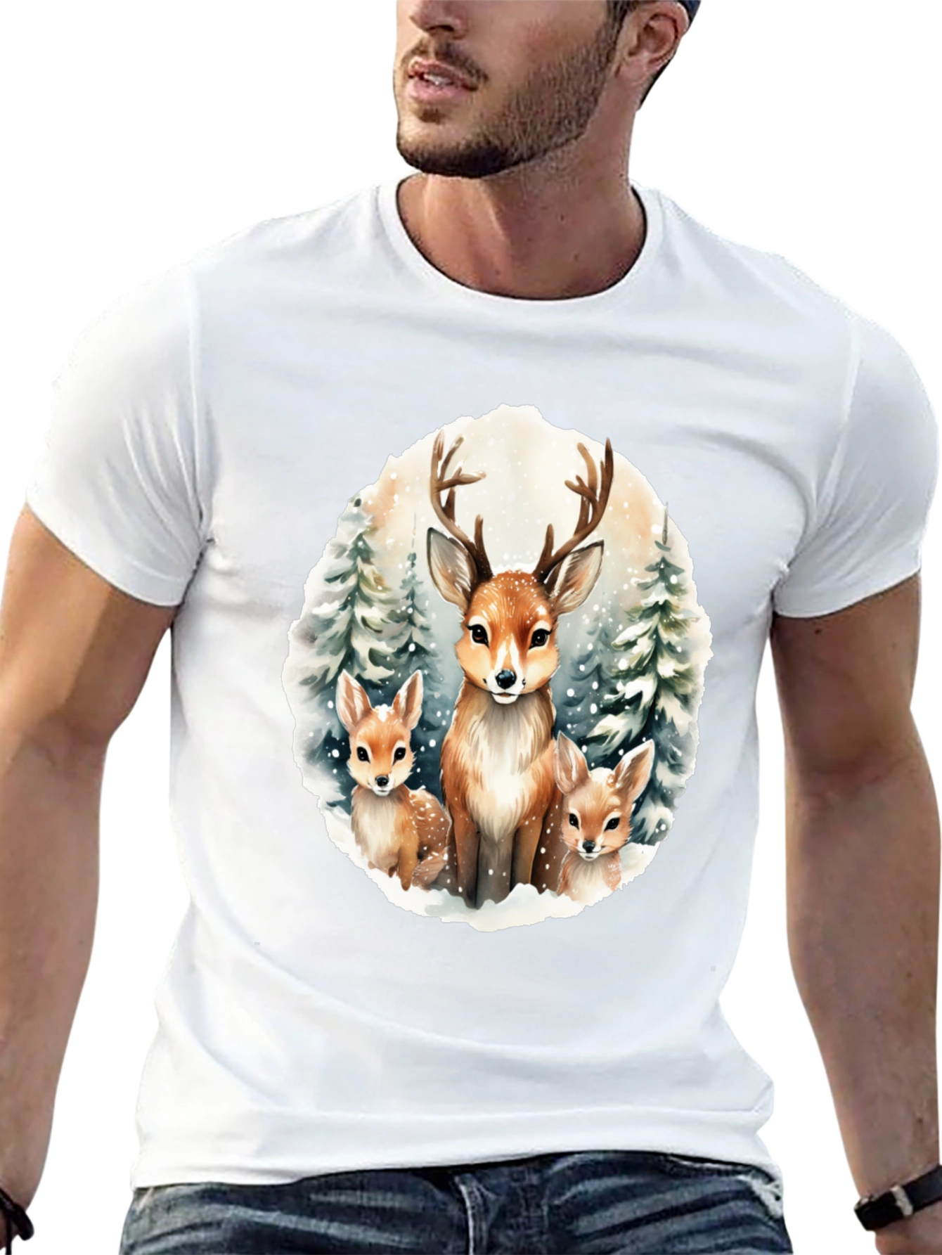 Deer Family Graphic Tee - Winter Forest Design