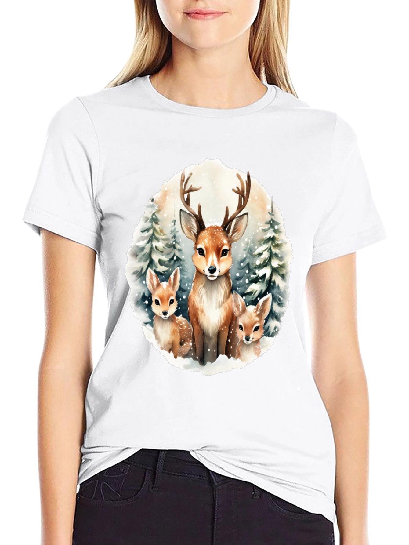 Deer Family Graphic Tee - Winter Forest Design
