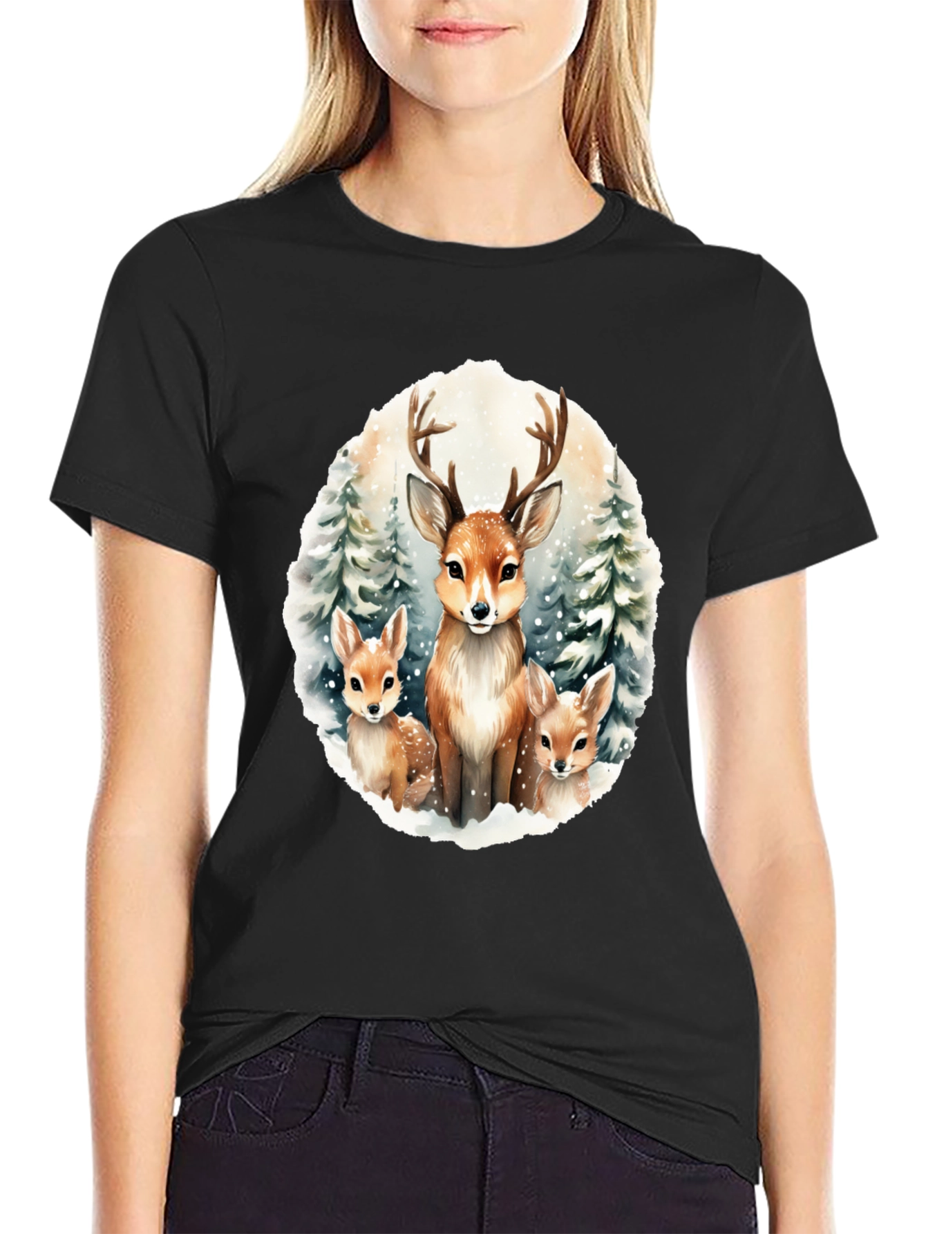 Deer Family Graphic Tee - Winter Forest Design
