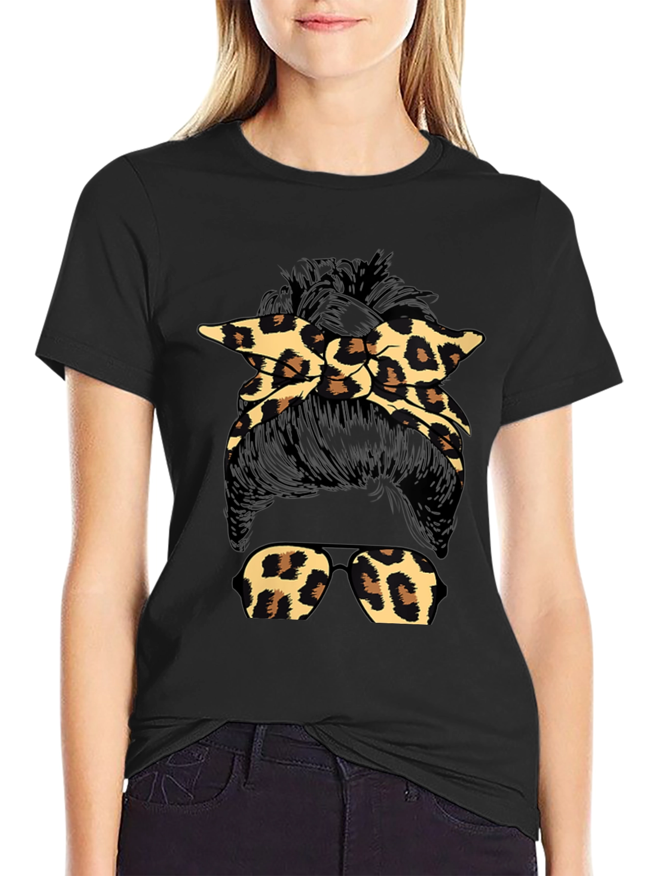Leopard Print Messy Bun Graphic T-Shirt