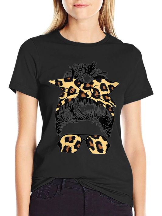 Leopard Print Messy Bun Graphic T-Shirt