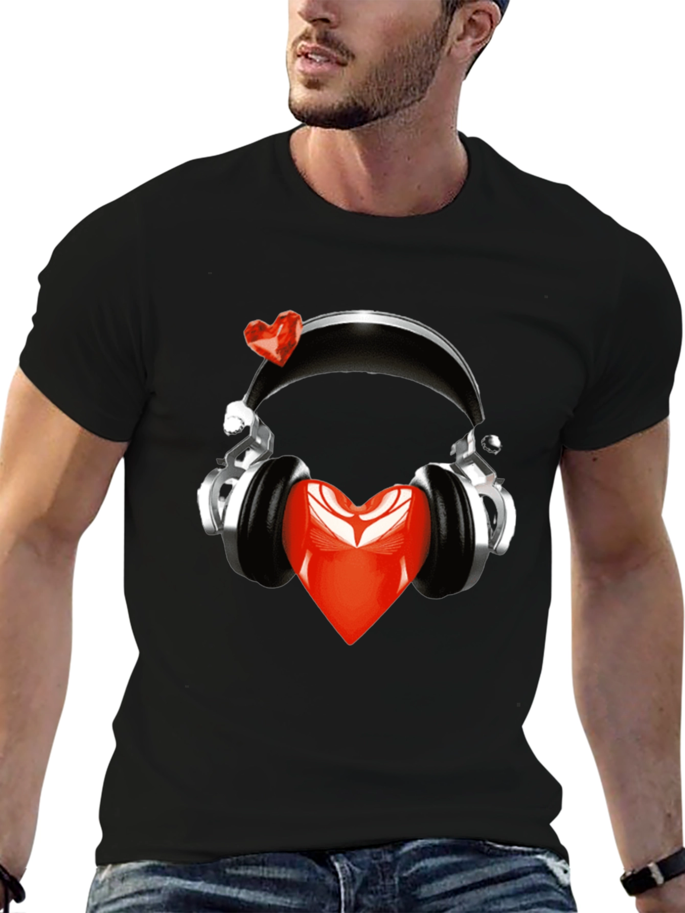 Heart Headphones Black T-Shirt - Music Lover Fashion