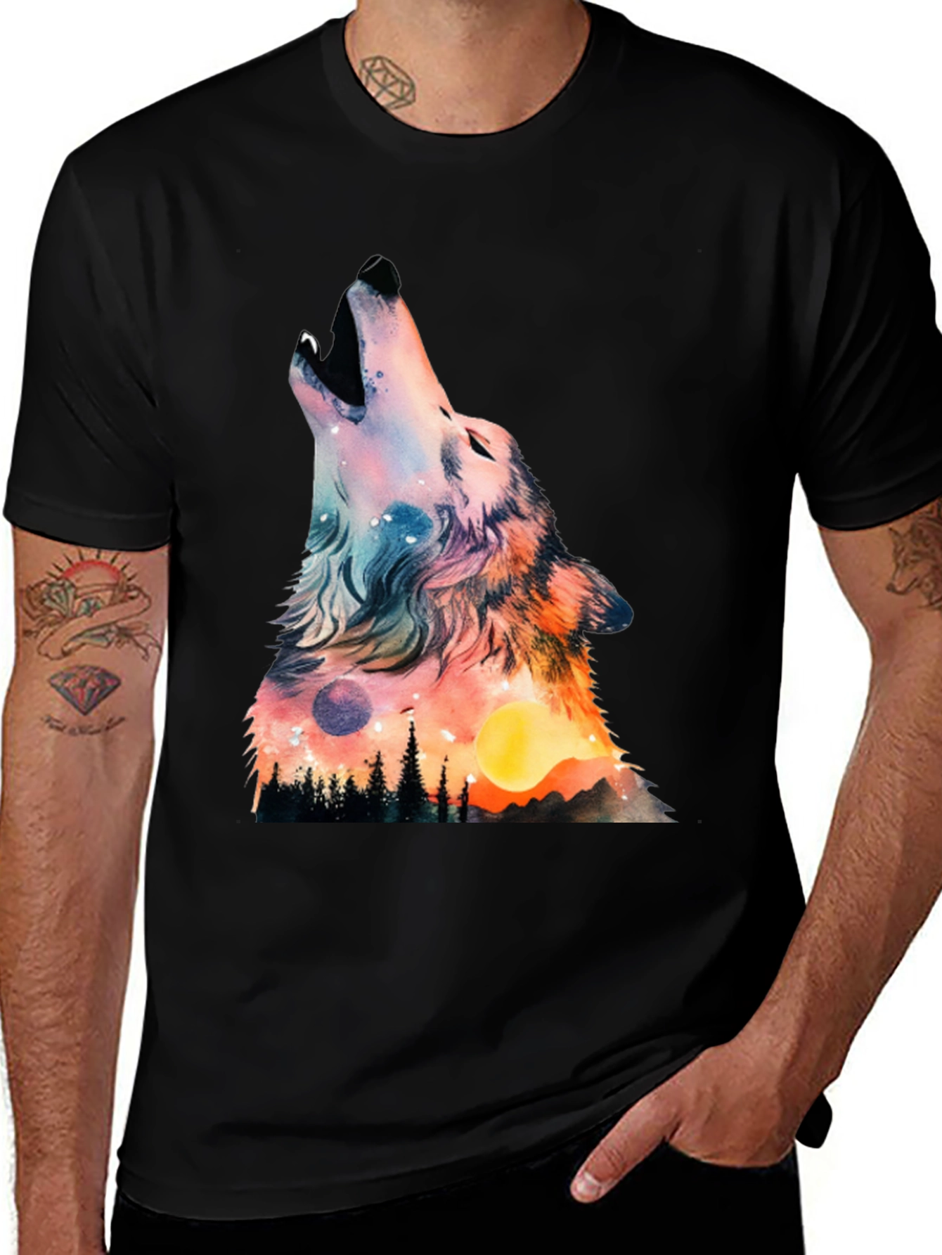Wolf Galaxy Graphic Print Black T-Shirt