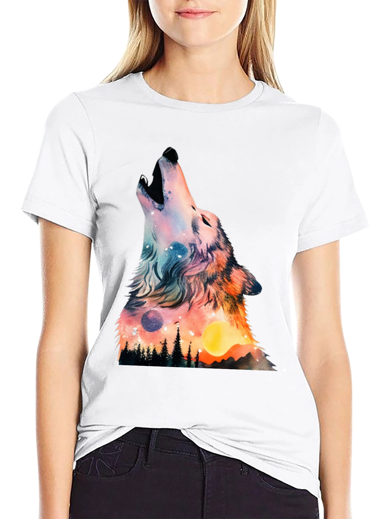 Wolf Galaxy Graphic Print Black T-Shirt
