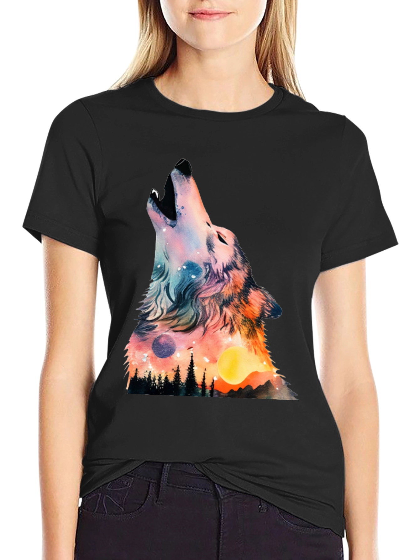 Wolf Galaxy Graphic Print Black T-Shirt