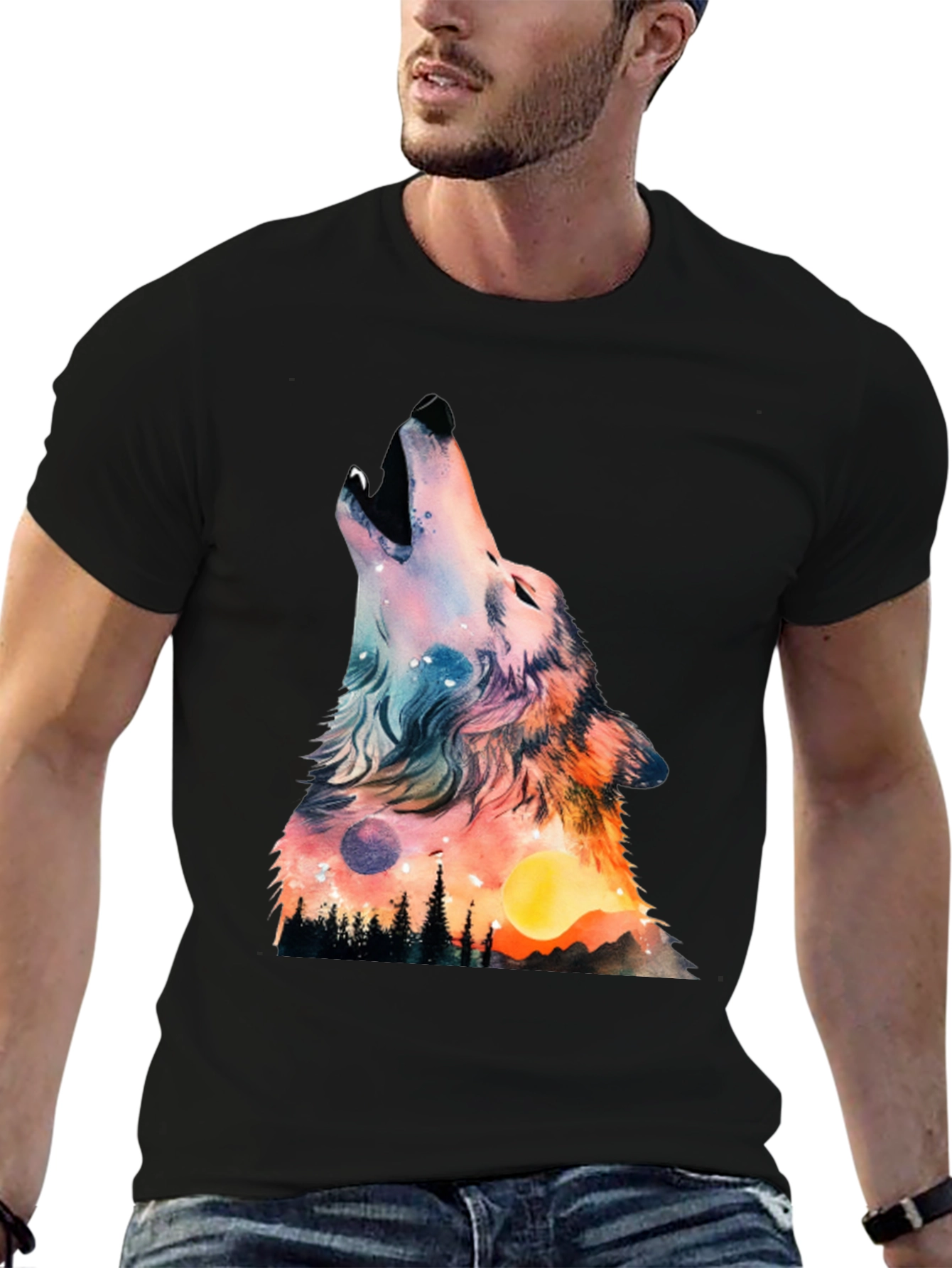 Wolf Galaxy Graphic Print Black T-Shirt