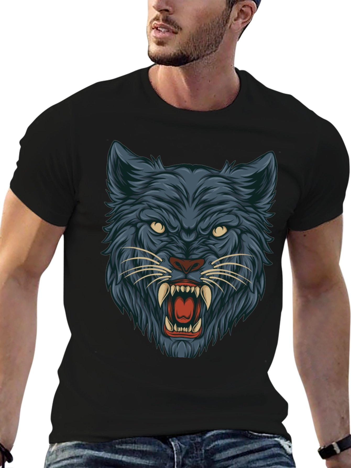 Black T-Shirt with Wolf Graphic