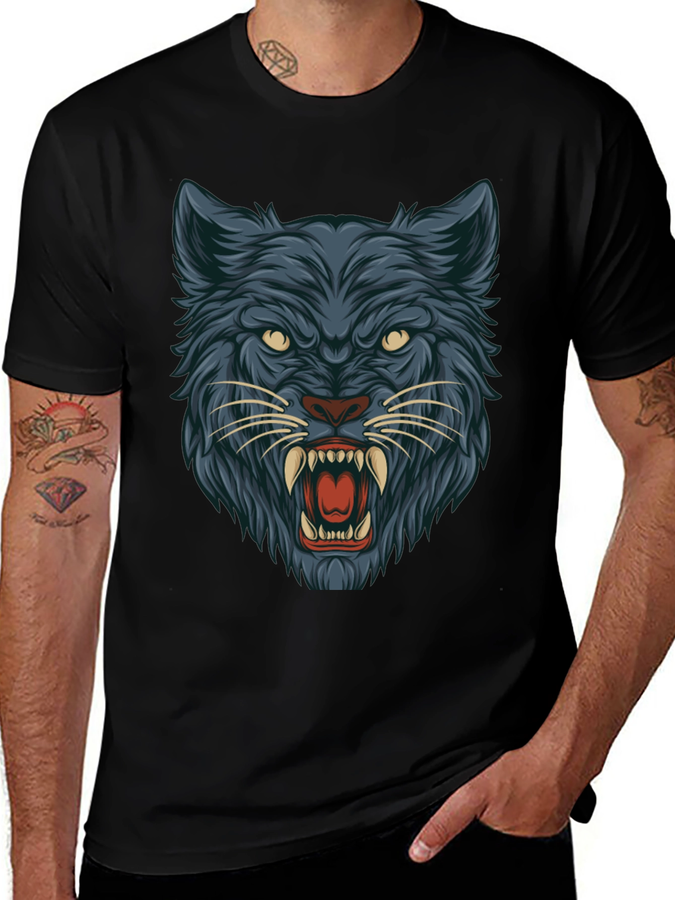 Black T-Shirt with Wolf Graphic