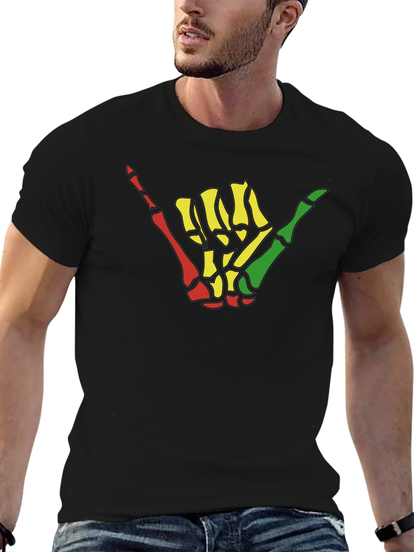 Rasta Shaka Skeleton Hand Graphic Tee - Black
