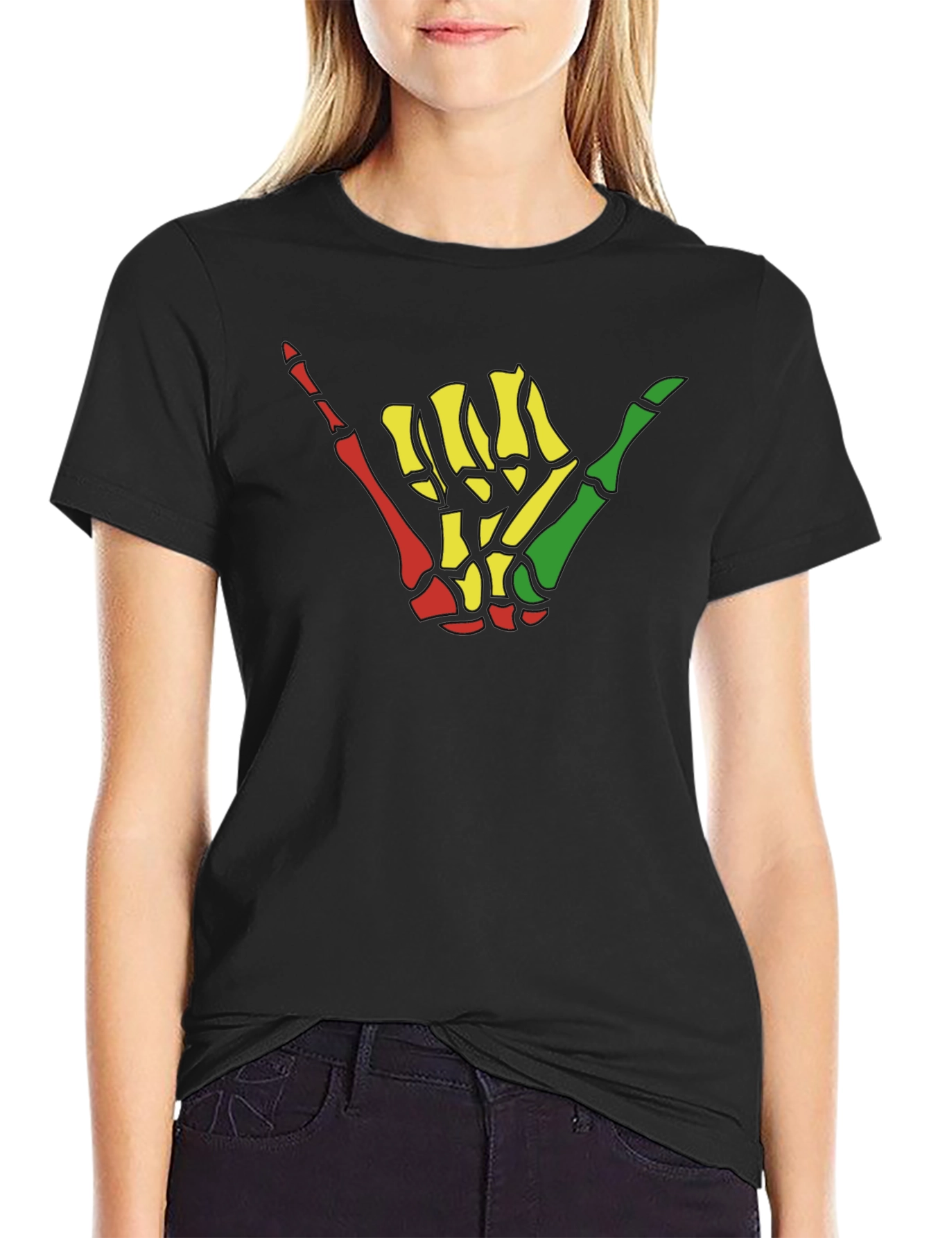 Rasta Shaka Skeleton Hand Graphic Tee - Black
