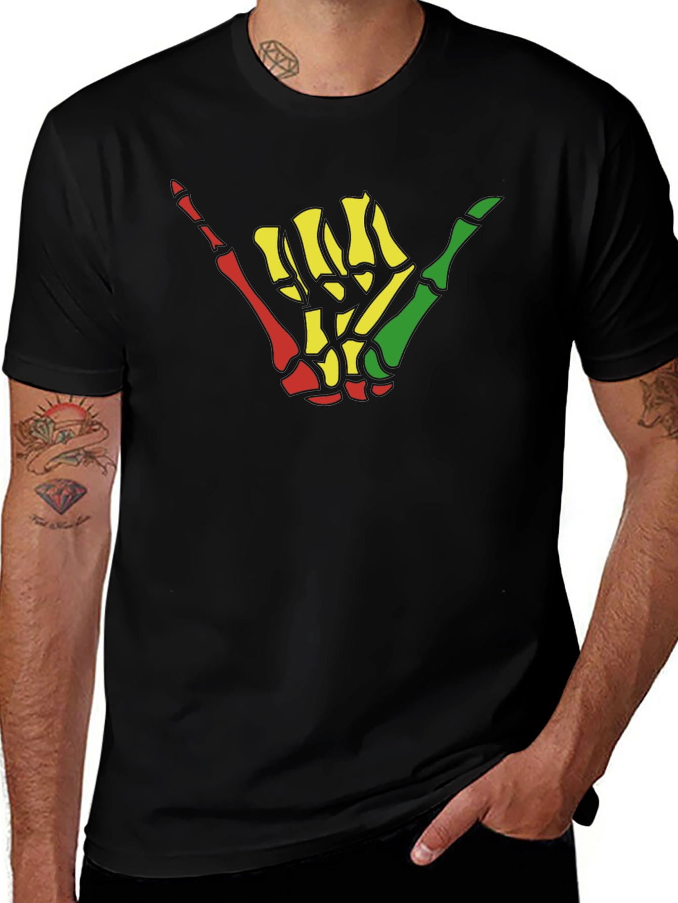 Rasta Shaka Skeleton Hand Graphic Tee - Black