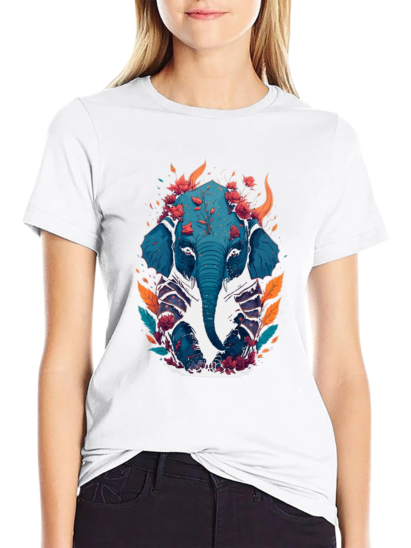 Floral Elephant Graphic Tee - Black Cotton Blend