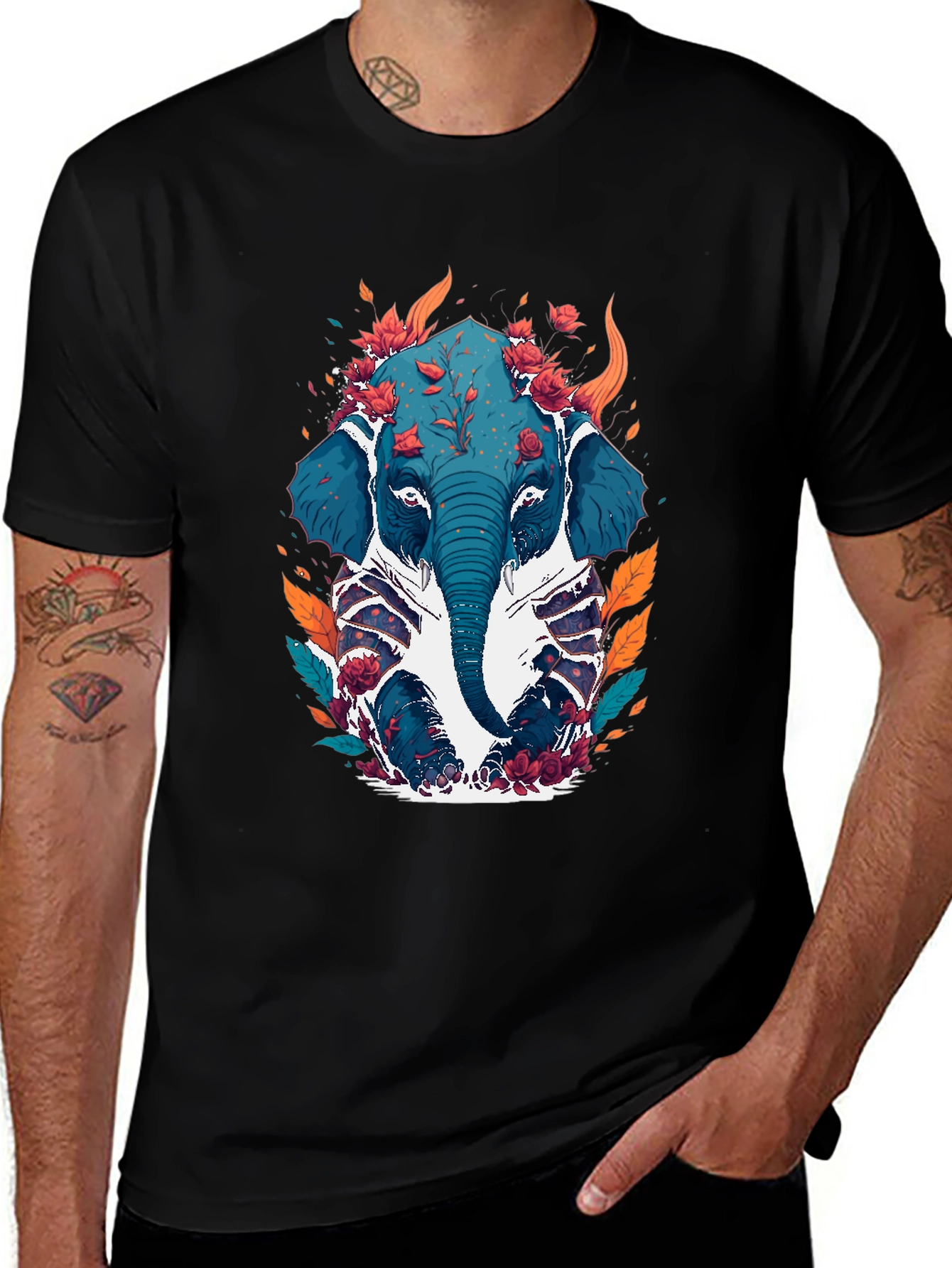 Floral Elephant Graphic Tee - Black Cotton Blend