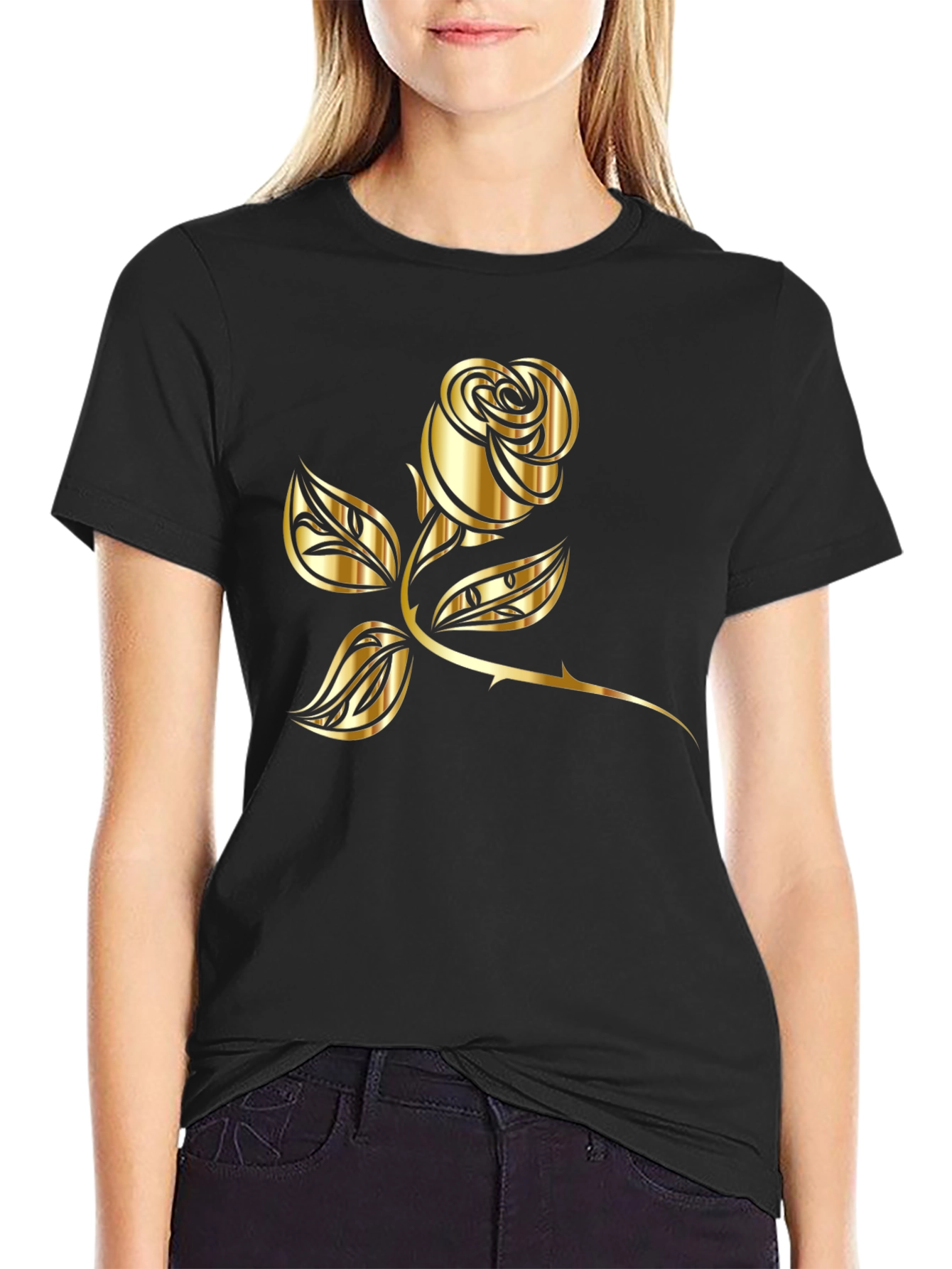 Black T-Shirt with Golden Rose Graphic