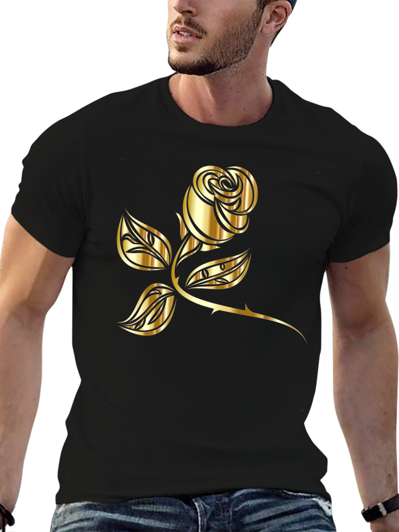 Black T-Shirt with Golden Rose Graphic