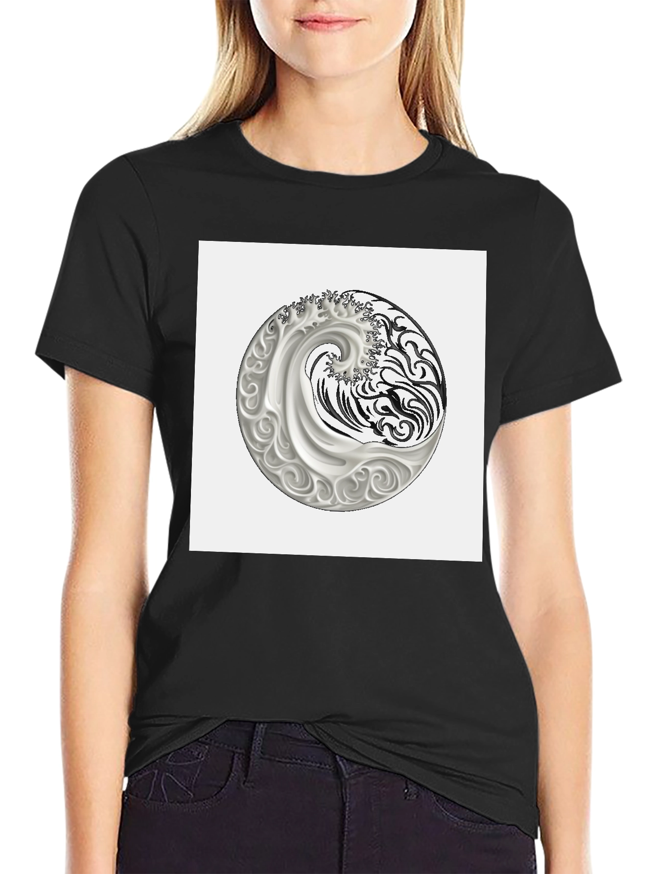 Yin Yang Wave Graphic Tee - Classic Black T-Shirt