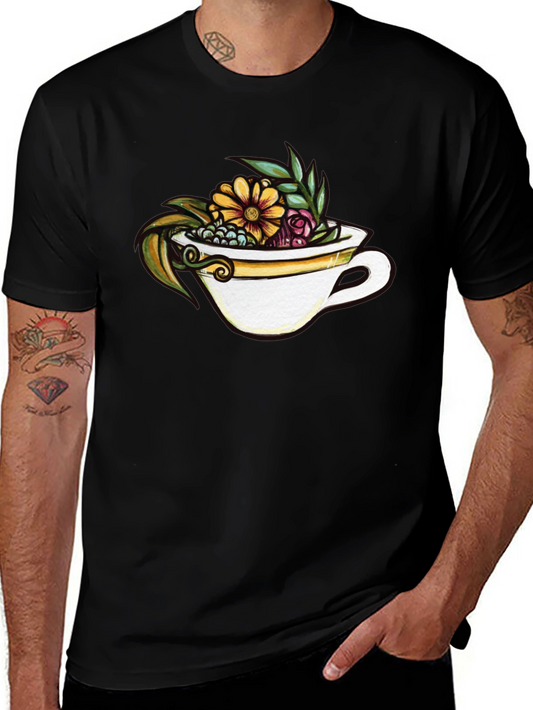 Floral Tea Cup Graphic T-Shirt - Casual Comfort