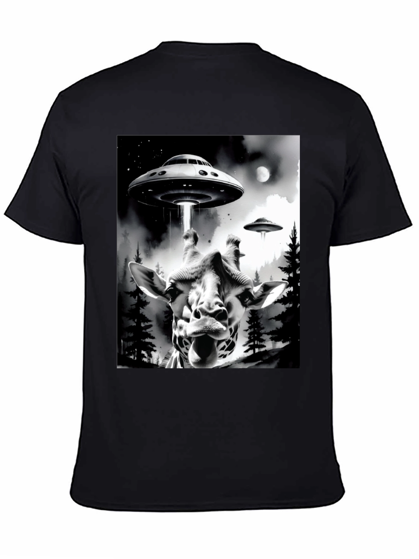 UFO Abduction Giraffe Graphic Tee - Black Cotton T-Shirt