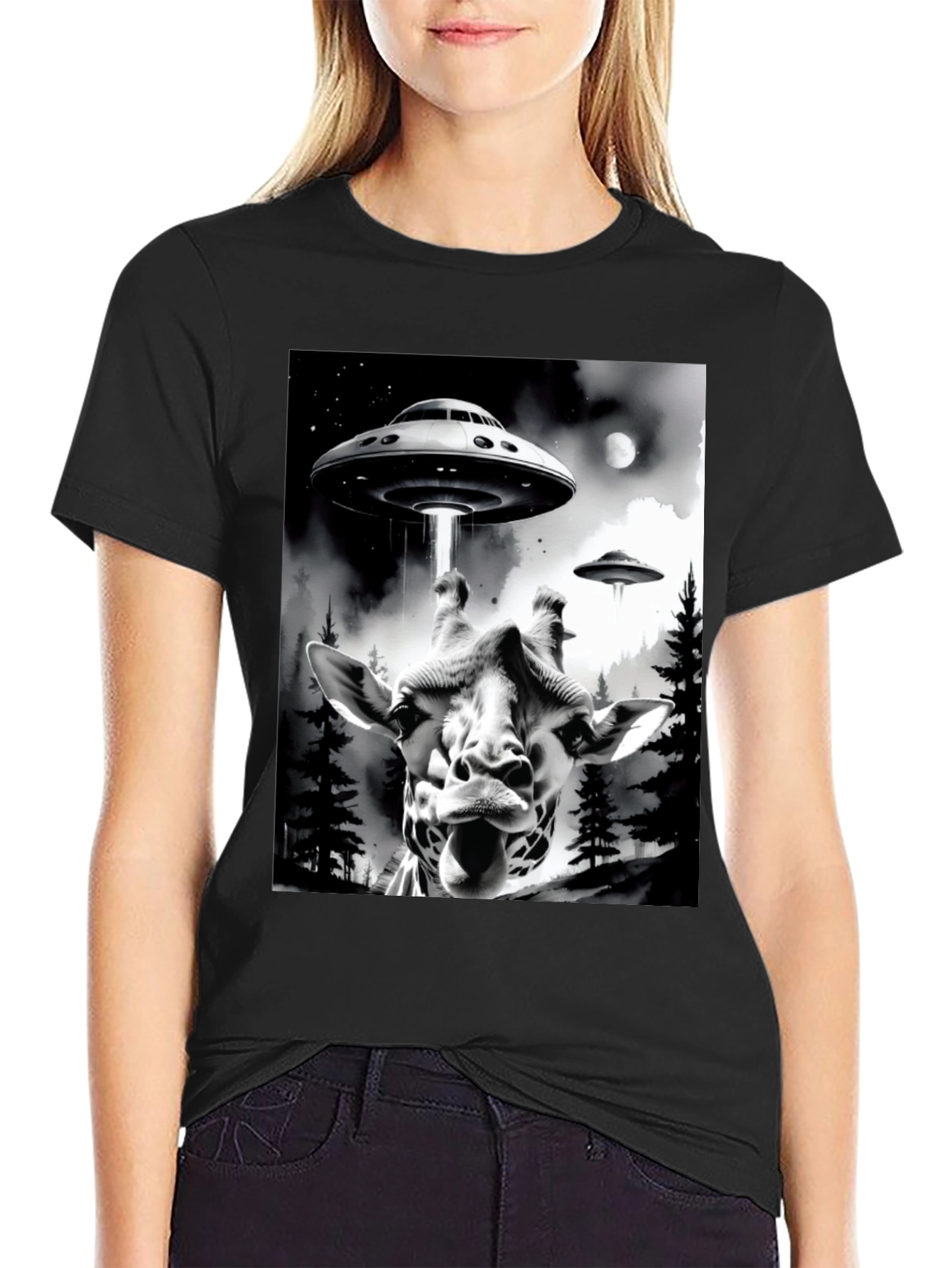 UFO Abduction Giraffe Graphic Tee - Black Cotton T-Shirt