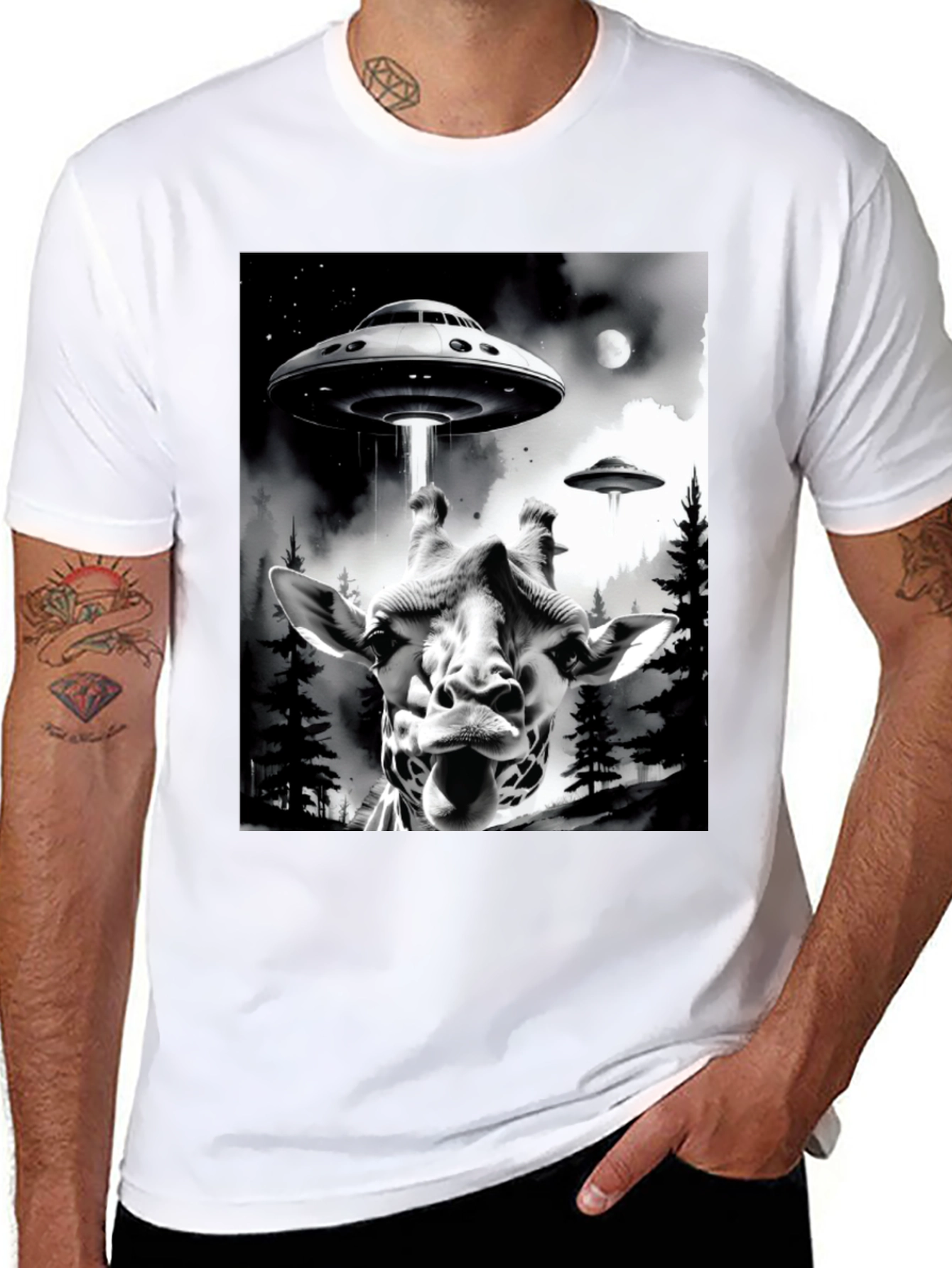 UFO Abduction Giraffe Graphic Tee - Black Cotton T-Shirt
