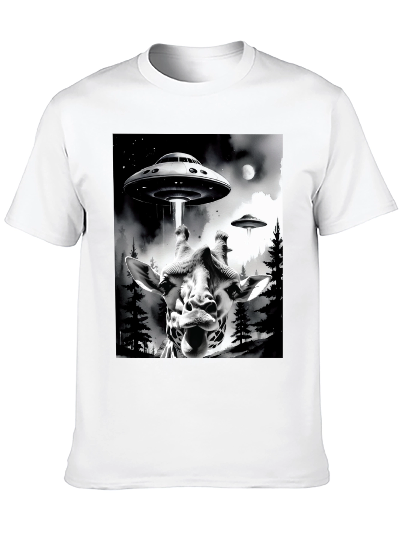 UFO Abduction Giraffe Graphic Tee - Black Cotton T-Shirt